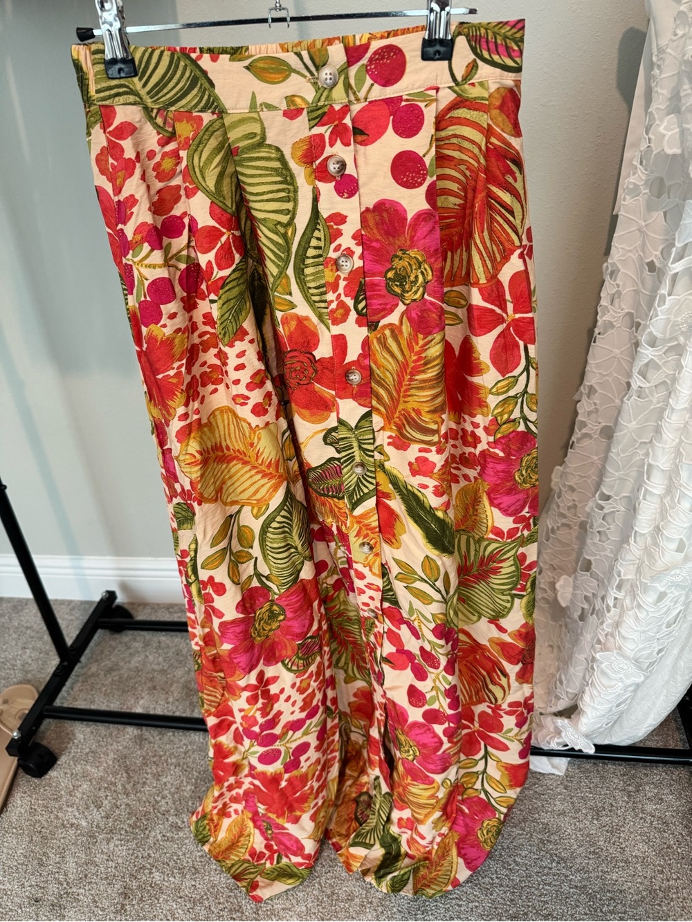 Vici Tropical Floral Button-Front Maxi Skirt in Pink & Green